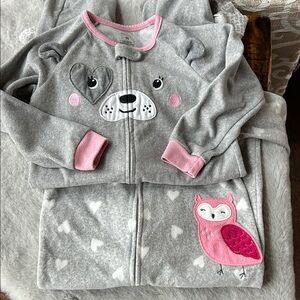 2 Carter's Gray and Pink Animal Fleece Footed Onesie pajama.